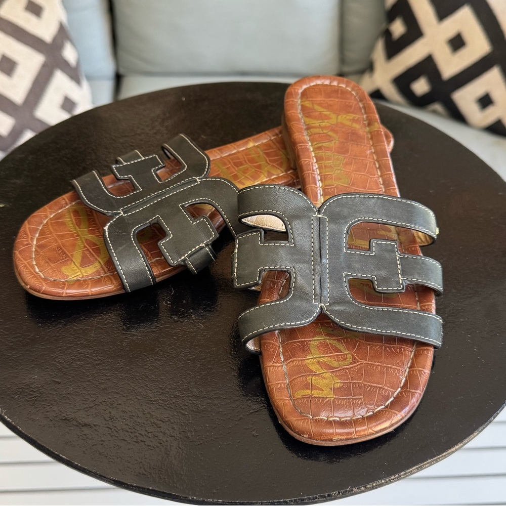 Sam Edelman BAY Black Leather Slide Sandals on Brown Croc-Embossed Footbed - 8.5